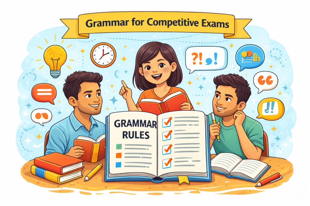 “Young adults studying English grammar for competitive exams with books, notes, and ‘Grammar Rules’ guide in a modern educational setting.”