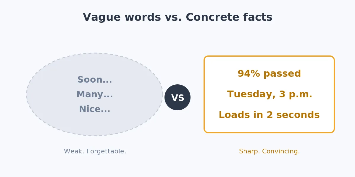 Comparison graphic of vague words versus concrete facts in communication